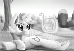 Size: 6400x4400 | Tagged: safe, artist:niegelvonwolf, lyra heartstrings, absurd resolution, grayscale, lyre, magic, monochrome, musical instrument, solo, telekinesis, underhoof, unshorn fetlocks