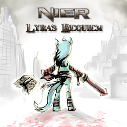 Size: 1000x1000 | Tagged: safe, artist:madmax, lyra heartstrings, pony, unicorn, bipedal, blood, book, crossover, female, game, grimoire weiss, mare, nier, sword, weapon