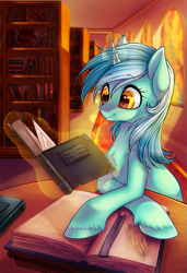 Size: 683x1000 | Tagged: safe, artist:limreiart, lyra heartstrings, fanfic:anthropology, albert durer, book, chest fluff, female, glowing horn, library, magic, reading, russian, smiling, solo, telekinesis