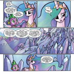 Size: 1400x1398 | Tagged: safe, idw, princess celestia, spike, alicorn, dragon, pony, spoiler:comic, spoiler:comicff3, comic, crystal mountain, duo, ethereal mane, female, male, mare, official comic, speech bubble