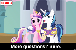 Size: 913x600 | Tagged: safe, princess cadance, shining armor, alicorn, pony, unicorn, comic:celestia's servant interview, caption, interview, meta