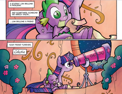 Size: 774x599 | Tagged: safe, idw, princess celestia, spike, twilight sparkle, twilight sparkle (alicorn), alicorn, dragon, pony, spoiler:comic, spoiler:comicff3, comic, duo, female, male, mare, official comic, telescope