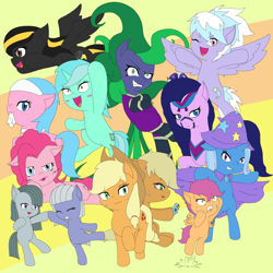 Size: 2000x2000 | Tagged: safe, artist:ankou, derpibooru import, aloe, amira, applejack, cloudchaser, limestone pie, lyra heartstrings, mane-iac, marble pie, midnight strike, pinkie pie, scootaloo, trixie, oc, earth pony, pony, saddle arabian, unicorn, duality, female, mare, pixiv, scootaloo can't fly