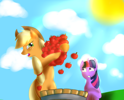 Size: 2110x1709 | Tagged: safe, artist:my-little-brony, derpibooru import, applejack, twilight sparkle, earth pony, pony, unicorn, .mov, apple, apple.mov, barrel, duo, duo female, female, mare, stubborn, sun, that pony sure does love apples