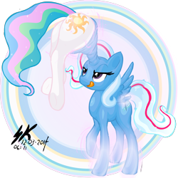 Size: 2500x2500 | Tagged: safe, artist:shinekolt, princess celestia, trixie, alicorn, pony, unicorn, absorption, drawthread, female, fetish, horn vore, kitchen eyes, licking lips, magic, magical unicorn mayonnaise, mare, plot, race swap, smiling, spread wings, tongue out, transformation, trixie predamoon, trixiecorn, underhoof, vore, vore fusion, xk-class end-of-the-world scenario