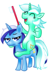 Size: 512x768 | Tagged: safe, artist:remyroez, lyra heartstrings, minuette, ponies riding ponies, riding, toothbrush, unamused