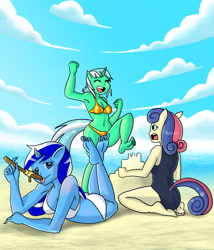 Size: 1999x2330 | Tagged: safe, artist:sinpumpkin, bon bon, lyra heartstrings, minuette, sweetie drops, anthro, plantigrade anthro, ambiguous facial structure, armpits, barefoot, beach, bikini, clothes, feet, one-piece swimsuit, swimsuit