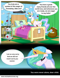 Size: 1000x1300 | Tagged: safe, artist:texasuberalles, princess celestia, alicorn, earth pony, pony, bed, comic, duo, hospital, michael morones, ponified, sad