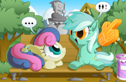 Size: 1700x1100 | Tagged: safe, artist:berrypawnch, bon bon, lyra heartstrings, sweetie drops, earth pony, pony, unicorn, ..., adorabon, bench, berrypawnch is trying to murder us, big eyes, caption, confused, cute, dialogue, duo, duo female, english, female, foam finger, hand, huge eyes, implied human, looking at each other, looking up, lying, lyrabetes, meme, open mouth, prone, raised arm, raised leg, sitting, sitting lyra, smiling, speech bubble, statue, that pony sure does love humans, trash can, tree, underhoof, wide eyes