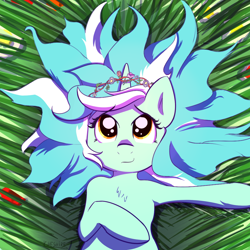 Size: 1000x1000 | Tagged: safe, artist:cheshiresdesires, lyra heartstrings, pony, semi-anthro, unicorn, chest fluff, cute, female, floral head wreath, grass, looking up, lying in grass, mare, on back, smiling, solo, spread out hair