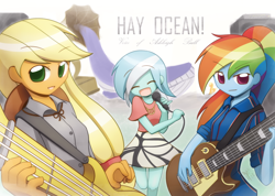 Size: 1680x1194 | Tagged: safe, artist:howxu, applejack, lyra heartstrings, rainbow dash, whale, equestria girls, ashleigh ball, commissioner:ajnrules, cute, eyes closed, guitar, hatless, hey ocean, hey ocean!, looking at you, microphone, missing accessory, open mouth, smiling, smirk, voice actor joke