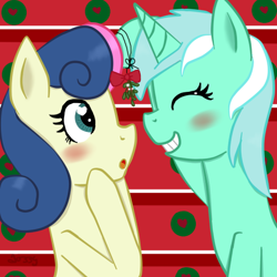 Size: 540x540 | Tagged: dead source, safe, artist:apple-jazzy, bon bon, lyra heartstrings, sweetie drops, :o, adorabon, christmas, cute, female, heart eyes, lesbian, lyrabetes, lyrabon, mistletoe, shipping, smiling, wingding eyes