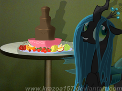 Size: 2048x1536 | Tagged: safe, artist:baraniruchu, artist:chryssieta, artist:krazoa157, queen chrysalis, changeling, changeling queen, chocolate fountain, cute, cutealis, fruit, photo, shadow, smiling, solo, vector