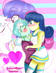 Size: 1700x2200 | Tagged: safe, artist:rainicornarts, artist:rainicornmagic, bon bon, guyra, lyra heartstrings, sweetie drops, equestria girls, blushing, equestria guys, female, guyrabon, half r63 shipping, kissing, lyrabon, male, rule 63, shipping, straight