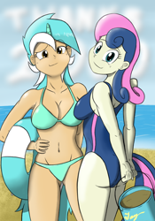 Size: 700x1000 | Tagged: safe, artist:multitazker, bon bon, lyra heartstrings, sweetie drops, human, ass, beach, belly button, bikini, clothes, duo, horned humanization, humanized, inner tube, looking at you, looking back, one-piece swimsuit, swimsuit, tailed humanization