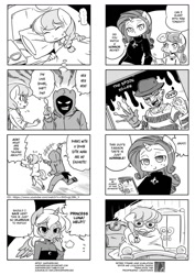 Size: 900x1270 | Tagged: safe, artist:shepherd0821, princess luna, rarity, silver spoon, sweetie belle, anthro, 4koma, ambiguous facial structure, comic, freddy krueger, ginosaji, monochrome, nightmare on elm street, the horribly slow murderer with the extremely inefficient weapon, the spoon killer, translation