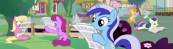 Size: 1167x337 | Tagged: safe, screencap, berry punch, berryshine, bon bon, carrot top, golden harvest, lily, lily valley, lyra heartstrings, minuette, sweetie drops, ponyville confidential, newspaper, reading