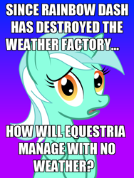 Size: 900x1200 | Tagged: safe, lyra heartstrings, pony, unicorn, tanks for the memories, conspiracy lyra, exploitable meme, female, green coat, horn, image macro, looking at you, mare, meme, open mouth, simple background, solo, text, two toned mane