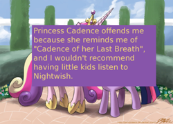 Size: 500x357 | Tagged: safe, princess cadance, twilight sparkle, alicorn, pony, meta, nightwish, offensive ponies, text