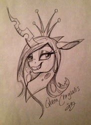 Size: 536x734 | Tagged: safe, artist:probablyfakeblonde, queen chrysalis, changeling, changeling queen, bedroom eyes, fangs, grin, looking at you, monochrome, portrait, sketch, smiling, smug, solo, traditional art