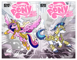 Size: 800x618 | Tagged: safe, idw, princess cadance, shining armor, alicorn, pony, unicorn, armor, comic, cover, official, official comic