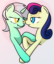 Size: 1300x1550 | Tagged: safe, artist:mang, bon bon, lyra heartstrings, sweetie drops, earth pony, pony, unicorn, best friends, female, heart, holding hooves, lesbian, lip bite, looking at each other, lyrabon, mare, shipping