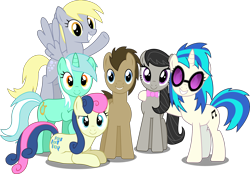 Size: 2814x1960 | Tagged: safe, artist:sketchmcreations, bon bon, derpy hooves, dj pon-3, doctor whooves, lyra heartstrings, octavia melody, sweetie drops, vinyl scratch, earth pony, pegasus, pony, unicorn, twilight's kingdom, background six, bowtie, cutie mark, female, flying, hooves, horn, inkscape, let the rainbow remind you, lying down, male, mare, prone, simple background, smiling, spread wings, stallion, sunglasses, teeth, transparent background, vector, wings