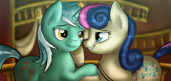 Size: 1409x671 | Tagged: safe, artist:wave-realm, bon bon, lyra heartstrings, sweetie drops, slice of life (episode), best friends, female, lesbian, lyrabon, scene interpretation, shipping