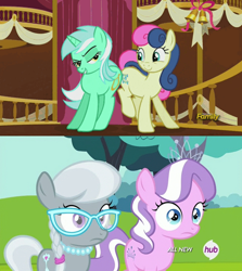 Size: 500x560 | Tagged: safe, screencap, bon bon, diamond tiara, lyra heartstrings, silver spoon, sweetie drops, slice of life (episode), twilight time, butt bump, butt to butt, butt touch, implied lesbian, just friends