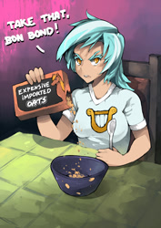 Size: 1000x1414 | Tagged: safe, artist:ponythehorsey, lyra heartstrings, human, slice of life (episode), bon bond, dialogue, expensive imported oats, food, humanized, implied bon bon, lyra is not amused, oats, pure unfiltered evil, revenge, solo