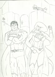Size: 752x1061 | Tagged: safe, artist:flanaganisking, princess celestia, human, crossover shipping, female, fortress of solitude, humanized, male, monochrome, straight, supelestia, superman, the crack otp to end all crack otps, traditional art, wink