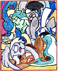 Size: 617x761 | Tagged: safe, artist:pandan009, bon bon, derpy hooves, dj pon-3, doctor whooves, lyra heartstrings, octavia melody, sweetie drops, vinyl scratch, earth pony, pony, angry, background six, blushing, boxed, ear bite, male, stallion