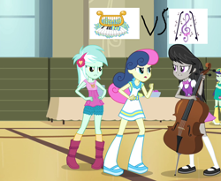 Size: 870x714 | Tagged: safe, screencap, blueberry cake, bon bon, lyra heartstrings, octavia melody, sweetie drops, equestria girls, rainbow rocks, argument, background human, canterlot high, cello, gymnasium, musical instrument