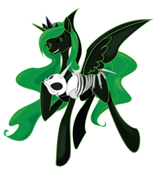 Size: 2467x2668 | Tagged: safe, artist:geekladd, princess luna, oc, oc only, oc:nightseer, alicorn, pony, fallout equestria, alicorn oc, artificial alicorn, blank flank, fanfic, fanfic art, female, green alicorn (fo:e), grin, hooves, horn, jewelry, luna's regalia, luna's skeleton, luna's tiara, mare, regalia, simple background, skeleton, skull, smiling, solo, spread wings, tiara, transparent background, wings