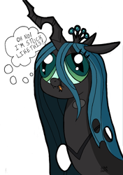 Size: 704x1000 | Tagged: safe, artist:abronyaccount, queen chrysalis, changeling, changeling queen, :p, :t, colored, derp, hey you, smiling, solo, thought bubble, tongue out