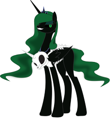 Size: 3884x4216 | Tagged: safe, artist:geekladd, princess luna, oc, oc only, oc:nightseer, alicorn, pony, fallout equestria, alicorn oc, artificial alicorn, blank flank, bone, fanfic, fanfic art, female, green alicorn (fo:e), grin, hooves, horn, jewelry, luna's regalia, luna's skeleton, luna's tiara, mare, regalia, simple background, skeleton, skull, smiling, solo, tiara, transparent background, wings