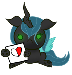 Size: 338x351 | Tagged: safe, artist:infernaldalek, queen chrysalis, changeling, changeling queen, beggar, crossover, devil beggar, heart, sign, simple background, sitting, solo, the binding of isaac, transparent background