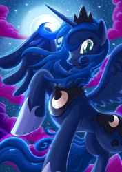 Size: 2480x3508 | Tagged: safe, artist:semajz, princess luna, alicorn, pony, cloud, colored pupils, cute, female, looking at you, low angle, lunabetes, mare, messy mane, moon, night, raised hoof, s1 luna, sky, smiling, solo, spread wings, stars, windswept mane, wings