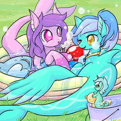 Size: 1400x1400 | Tagged: safe, artist:bigbuxart, lyra heartstrings, oc, oc:seat tune, original species, sea pony, shark, shark pony, bubble, inflatable, inflatable toy, seapony lyra, swimming pool