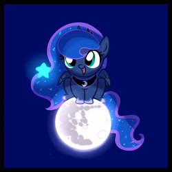 Size: 2100x2100 | Tagged: safe, artist:xwhitedreamsx, princess luna, alicorn, pony, chibi, cute, filly, happy, hnnng, lunabetes, mare in the moon, moon, simple background, sitting, solo, tangible heavenly object, weapons-grade cute, woona