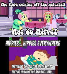 Size: 854x941 | Tagged: safe, derpibooru import, screencap, fluttershy, lyra heartstrings, tree hugger, pegasus, pony, make new friends but keep discord, eric cartman, hippie, image macro, meme, south park