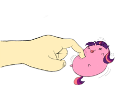 Size: 700x495 | Tagged: safe, artist:lordfunkyfist, derpibooru import, twilight sparkle, human, pony, unicorn, bellyrubs, blob, chubbie, cute, eyes closed, female, hand, happy, mare, on back, simple background, tickling, white background