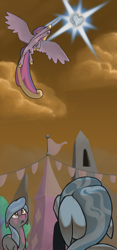 Size: 750x1601 | Tagged: safe, artist:enma-darei, elbow grease, paradise (crystal pony), princess cadance, sapphire joy, alicorn, crystal pony, pony, the crystal empire, cloud, cloudy, crystal empire, crystal heart, flying, magic, scene interpretation