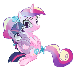 Size: 1300x1300 | Tagged: safe, artist:kaji-tanii, princess cadance, twilight sparkle, alicorn, pony, :>, bow, cute, filly, holding a pony, hug, ponytail, smiling, tail bow, tail wrap