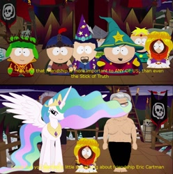 Size: 1012x1022 | Tagged: safe, princess celestia, alicorn, pony, big bad government guy, butters stotch, castle, censored, crossover, douchebag, eric cartman, jimmy valmer, kenny mccormick, kyle broflovski, morgan freeman, night, ponified, skull, south park, south park: the stick of truth, stan marsh, the new kid, video game