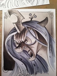 Size: 768x1024 | Tagged: safe, artist:andypriceart, queen chrysalis, changeling, changeling queen, monochrome, solo, traditional art