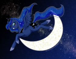 Size: 1013x787 | Tagged: safe, artist:syo-senpai, princess luna, alicorn, pony, beautiful, crescent moon, flying, grin, happy, hey diddle diddle, moon, night, solo, stars, transparent moon