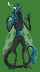 Size: 451x809 | Tagged: safe, artist:weirdofish, queen chrysalis, changeling, changeling queen, dragon, dragoness, dragonified, dragonlis, female, green background, looking at you, simple background, smirk, solo, species swap