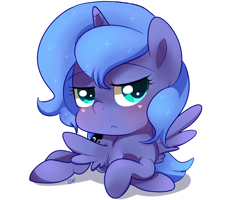 Size: 1000x800 | Tagged: safe, artist:sion-ara, princess luna, alicorn, pony, blushing, filly, looking at you, prone, solo, woona