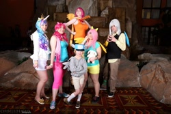 Size: 2048x1366 | Tagged: artist needed, safe, artist:lochlan o'neil, derpy hooves, discord, fluttershy, pinkie pie, princess celestia, scootaloo, human, animeland wasabi, convention, cosplay, group photo, irl, irl human, photo, target demographic